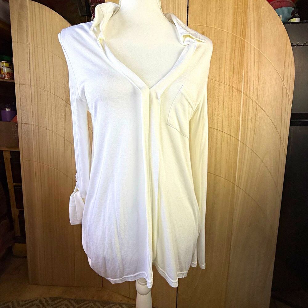 Minimalist White V Neck Tunic Blouse Soft Drape Knit Roll Tab Sleeve Top M VENUS